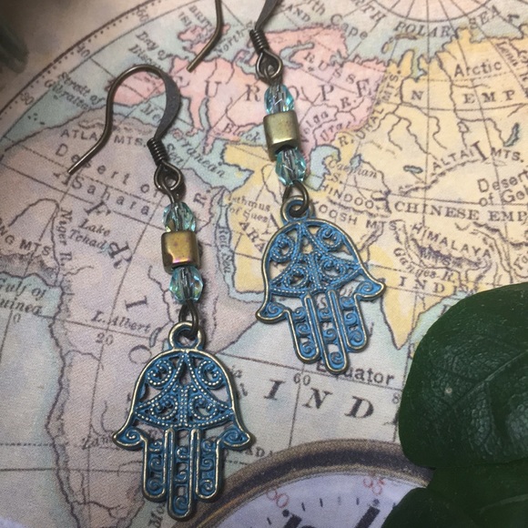 Earrings hasma filigree aqua & gold nickel free - Picture 3 of 5